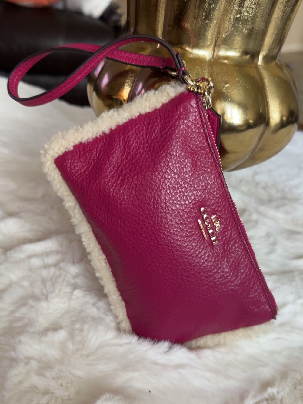 Coach Hot Pink Leather Wristlet with Cream Shearling Trim